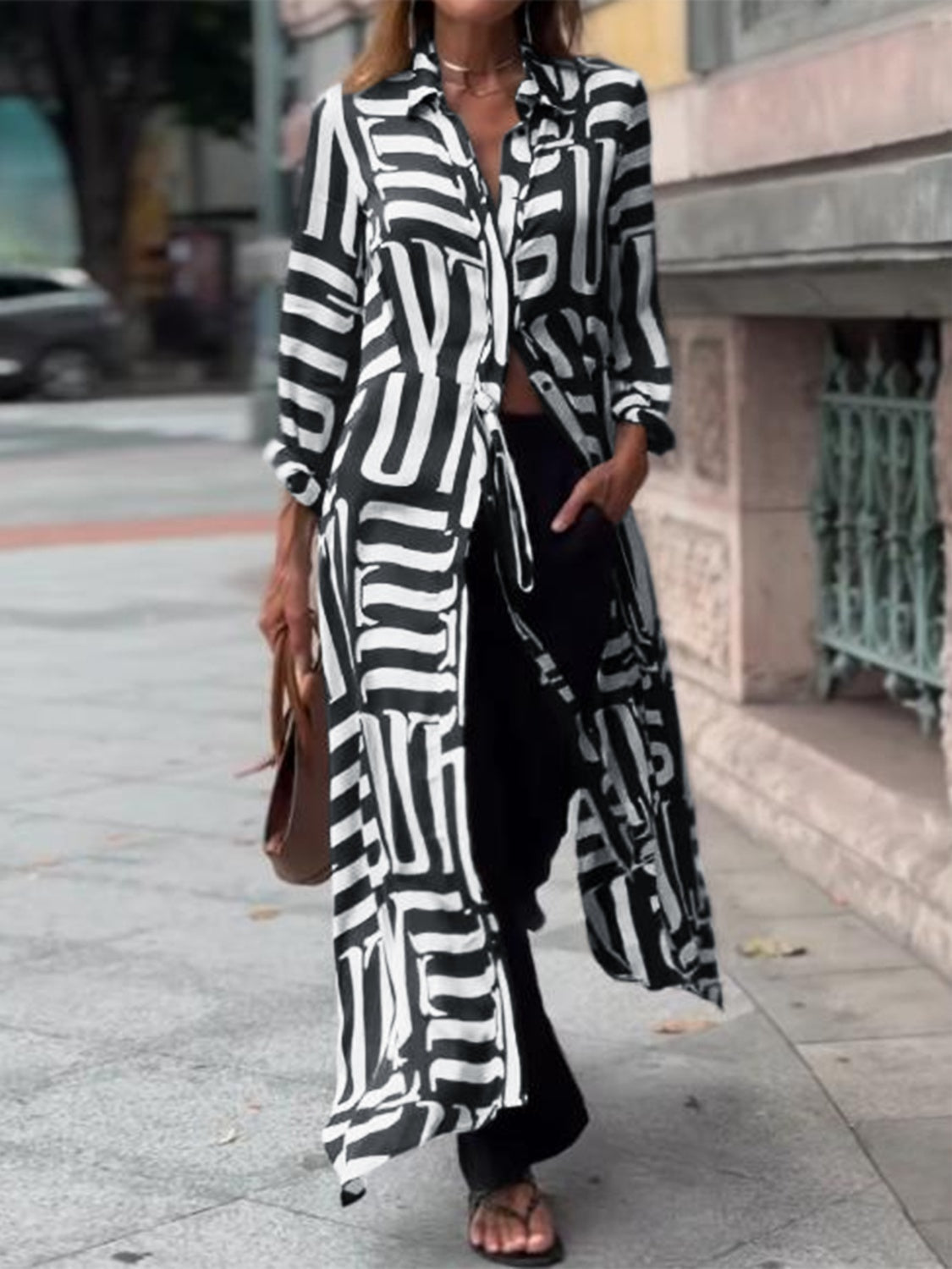 Contrast Collared Neck Long Sleeve Longline Shirt - Fashions Envy