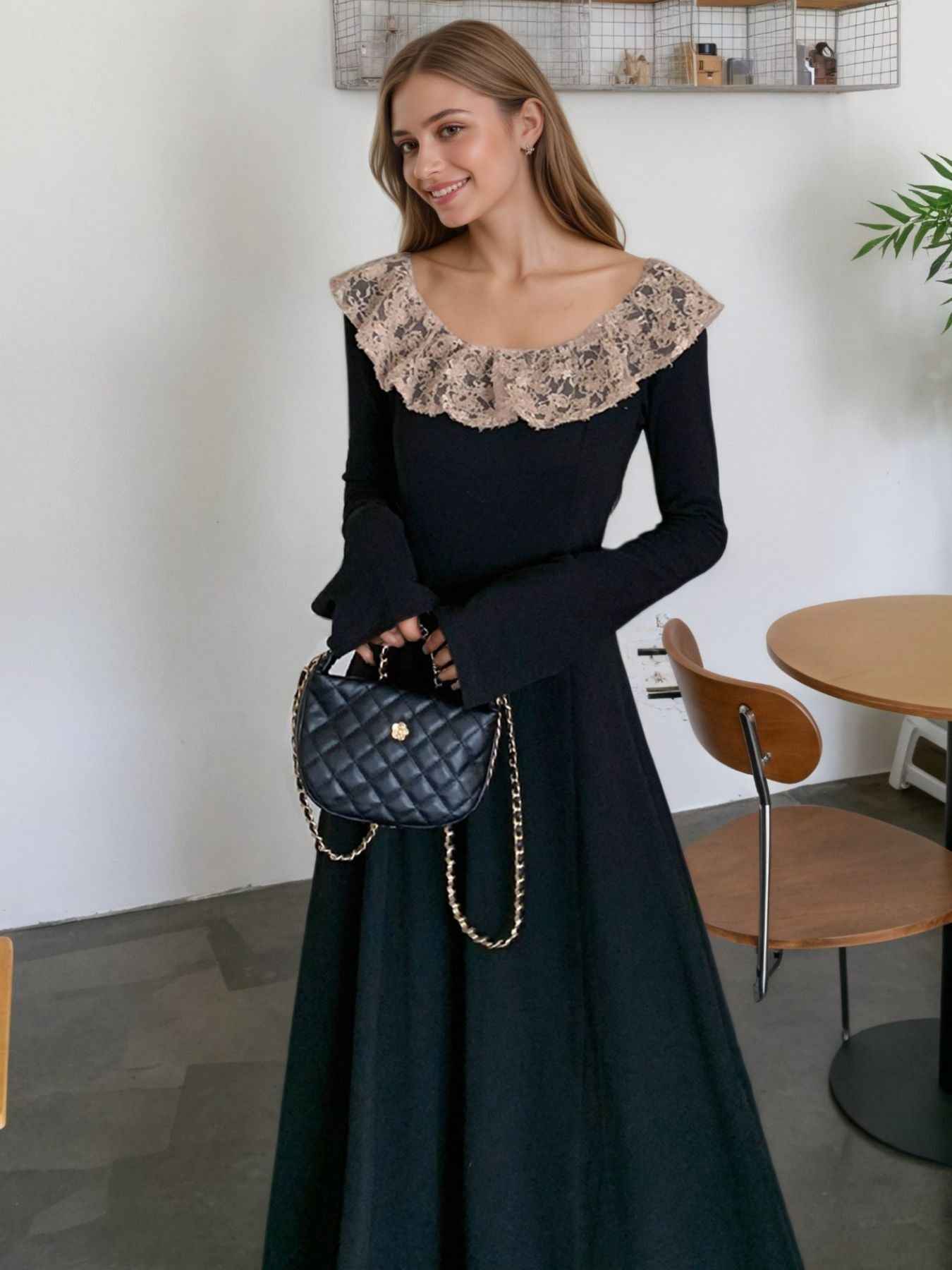 Black Maxi Dress - Lace Collar Long Sleeve Gown