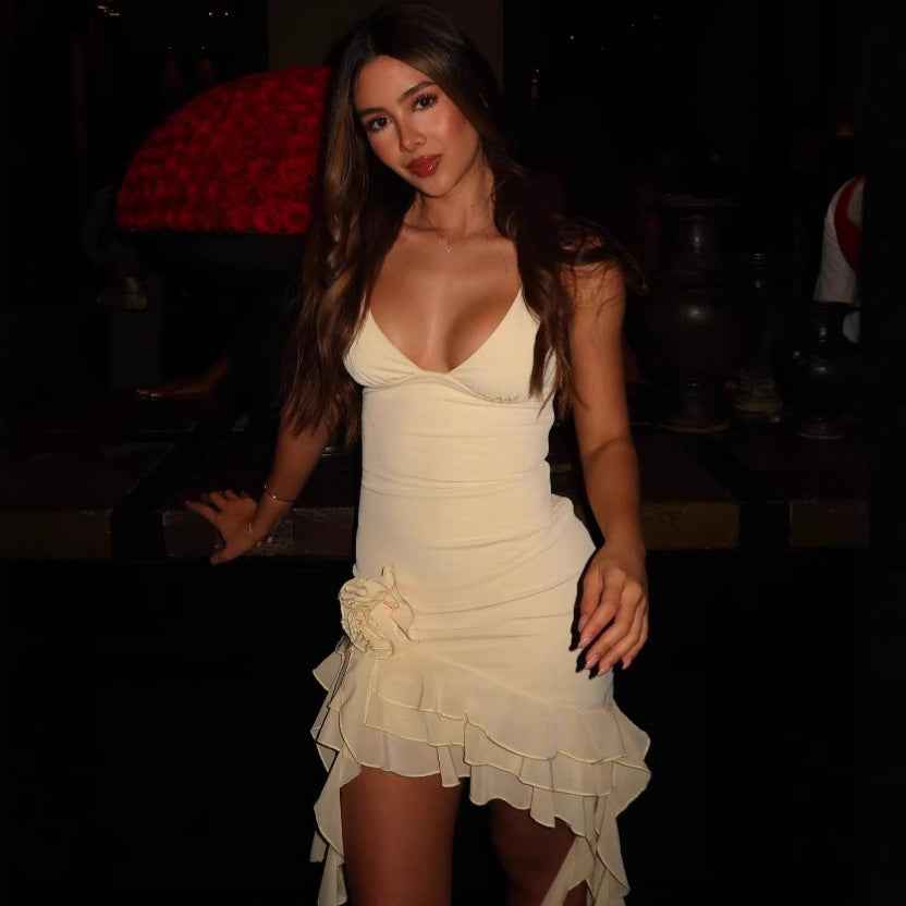 Three-dimensional Flower Mini Dress - Sleeveless Halter Neck