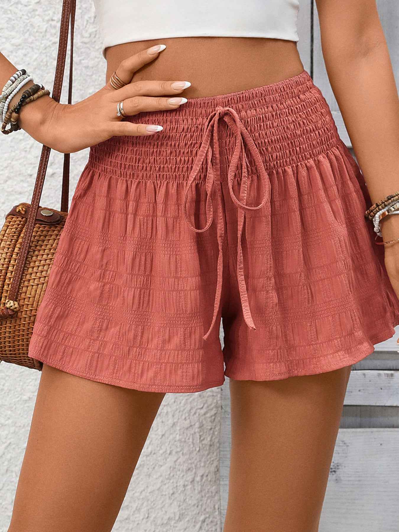 Smocked Waist Shorts - Drawstring Elastic Casual Fit