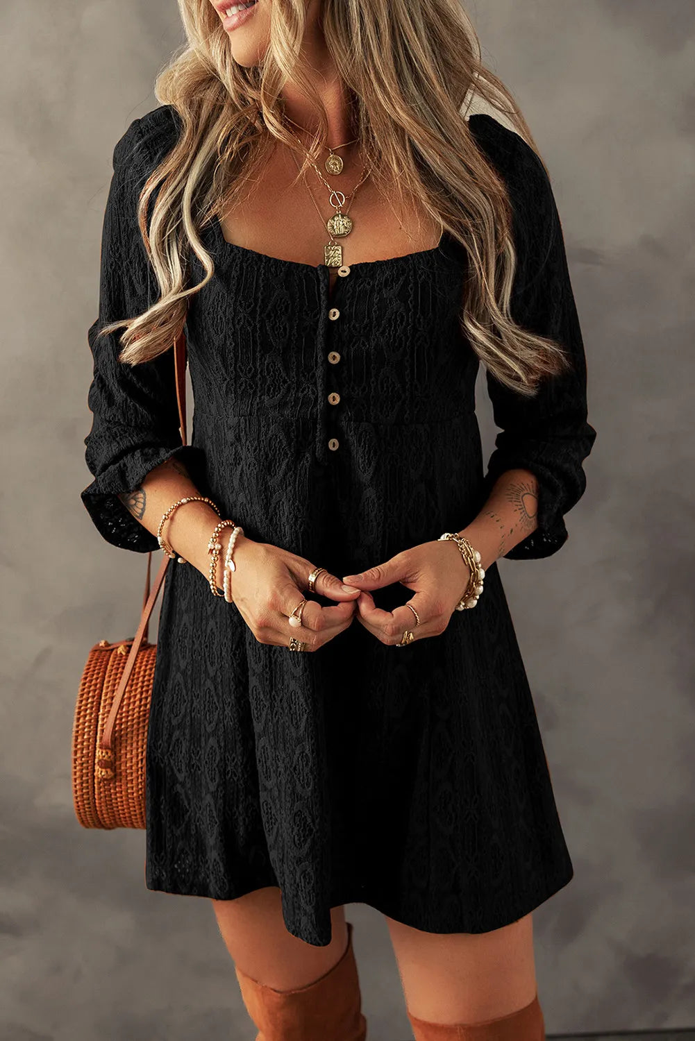 Decorative Button Textured Square Neck Mini Dress