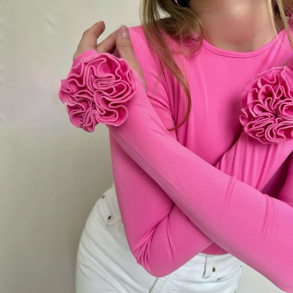 Ruffle Cuff Top - 3D Floral Sleeve Detail Fitted Top
