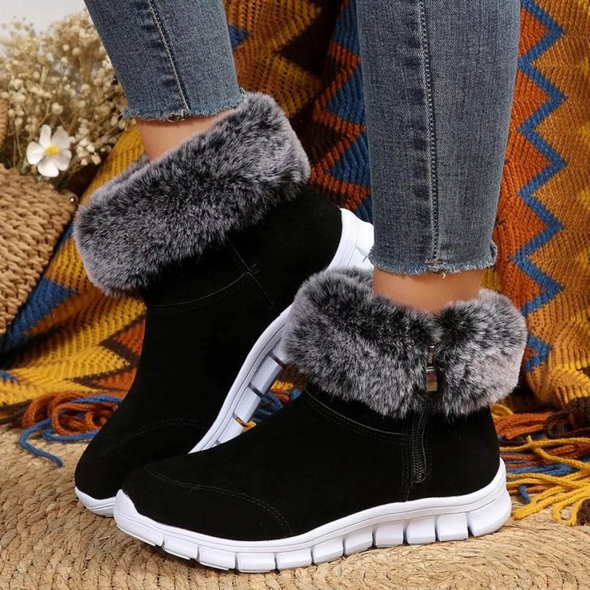 Side Zip Faux Fur Boots - Cozy Low Heel Winter Boots - Fashions Envy