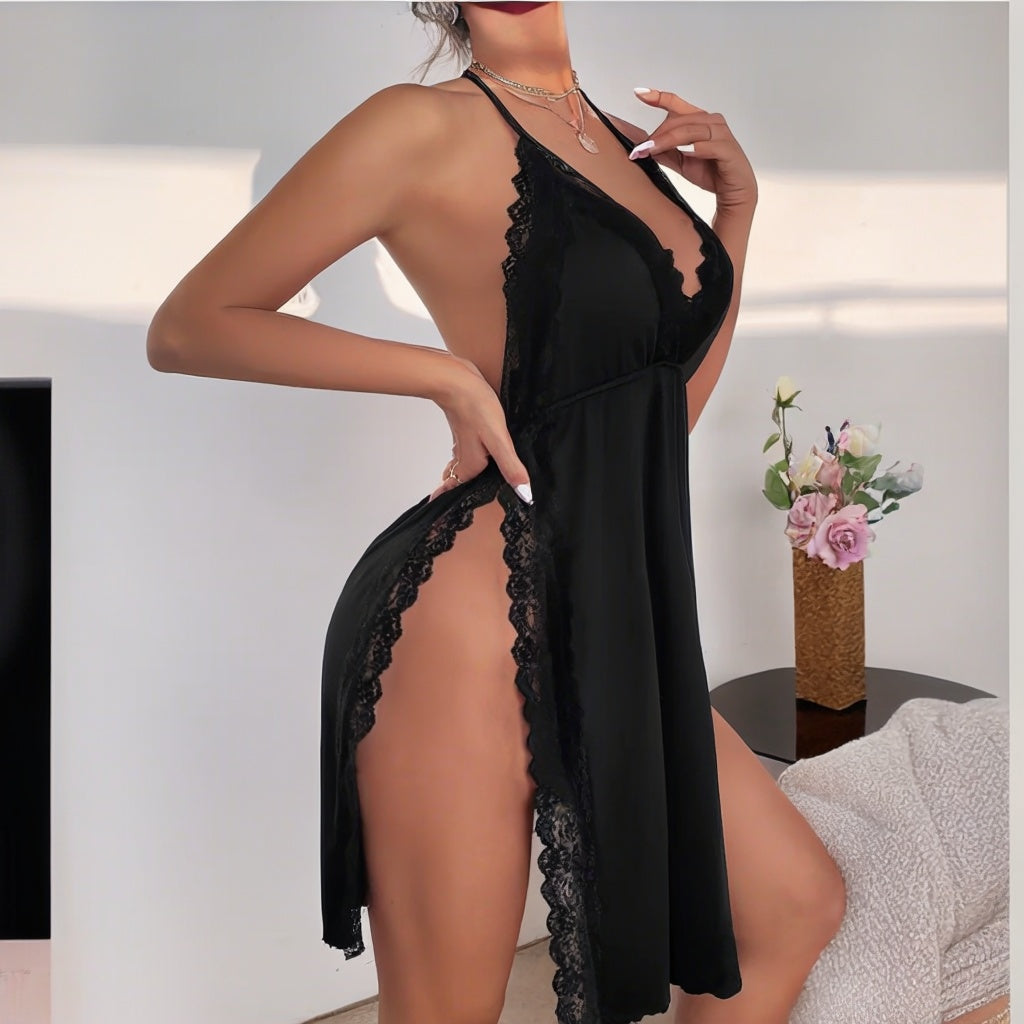 Women's Black Lace Deep V-Neck Dress - Elegant Halter Loungewear