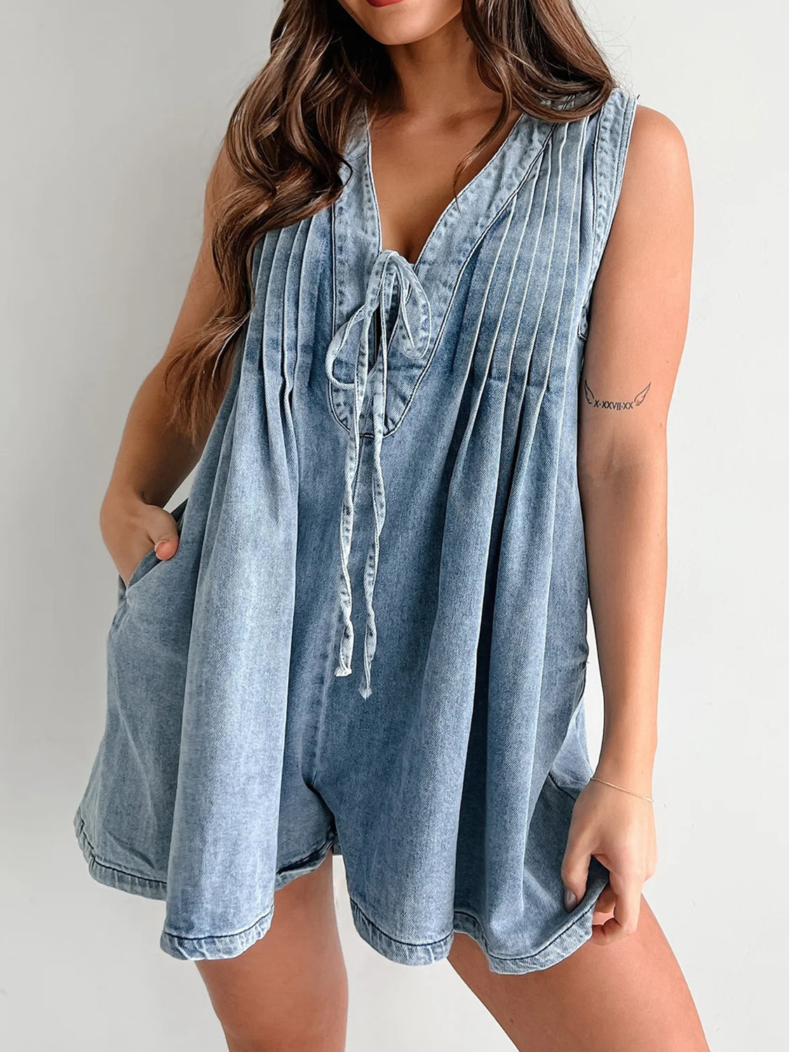 V-neck Pleated Tied Romper with Pockets