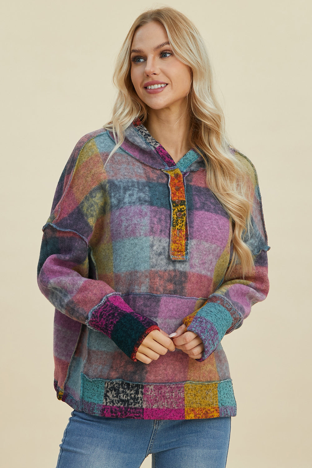 Double Take Full Size Plaid Dropped Shoulder Hoodie - Fashions Envy