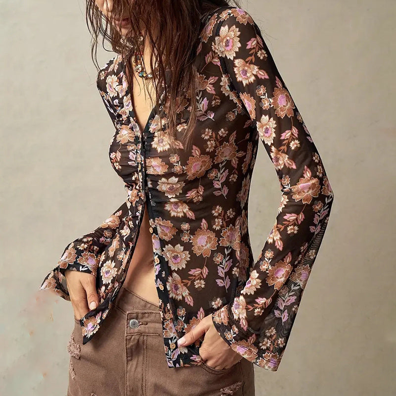 Long Sleeve V Neck Ruched Button Down Floral Shirt