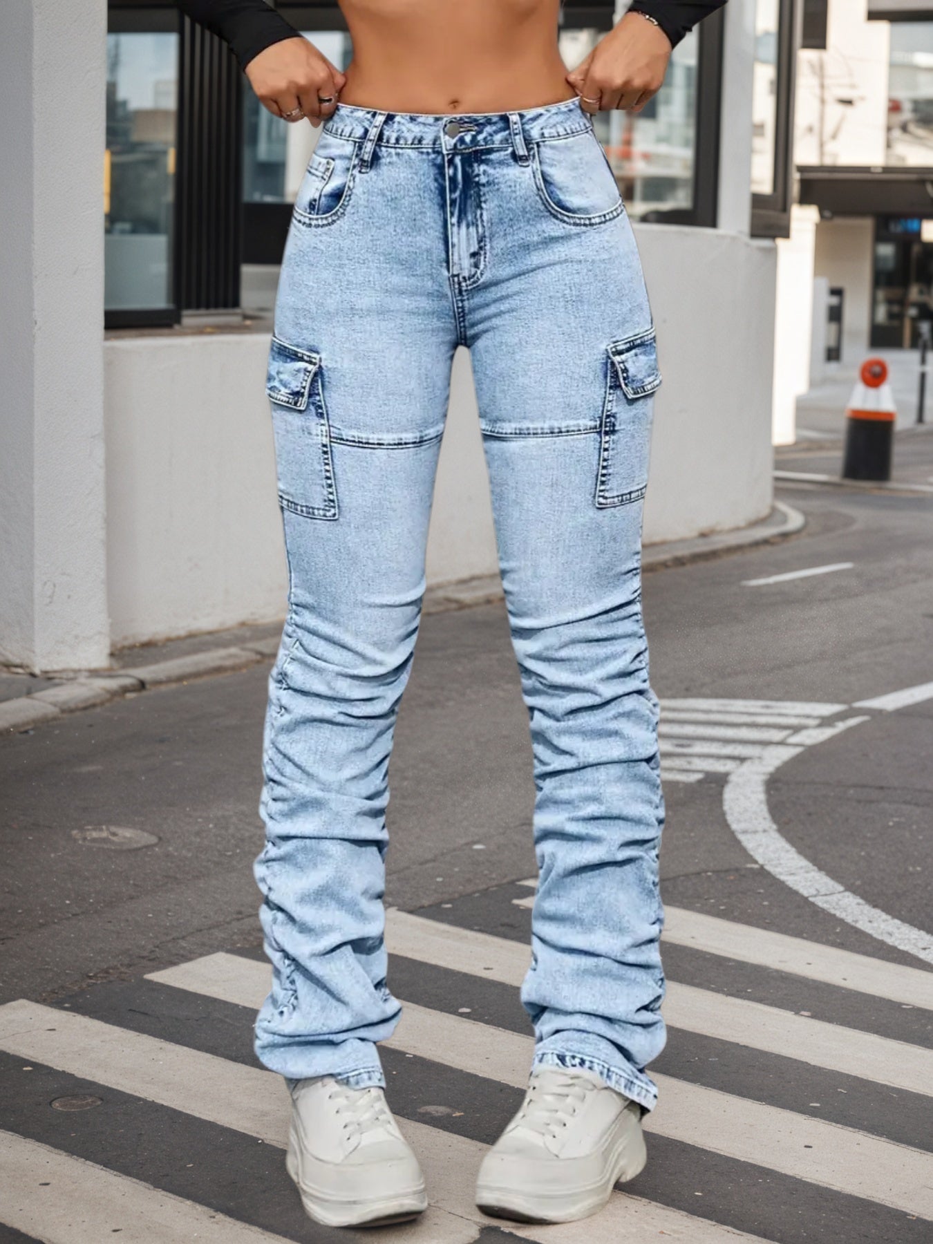 High Waisted Elastic Jeans - Side Pocket Street Style - Fashions Envy