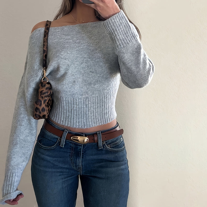 Off-Shoulder Cropped Sweater - Ribbed Knit Boat Neck Top