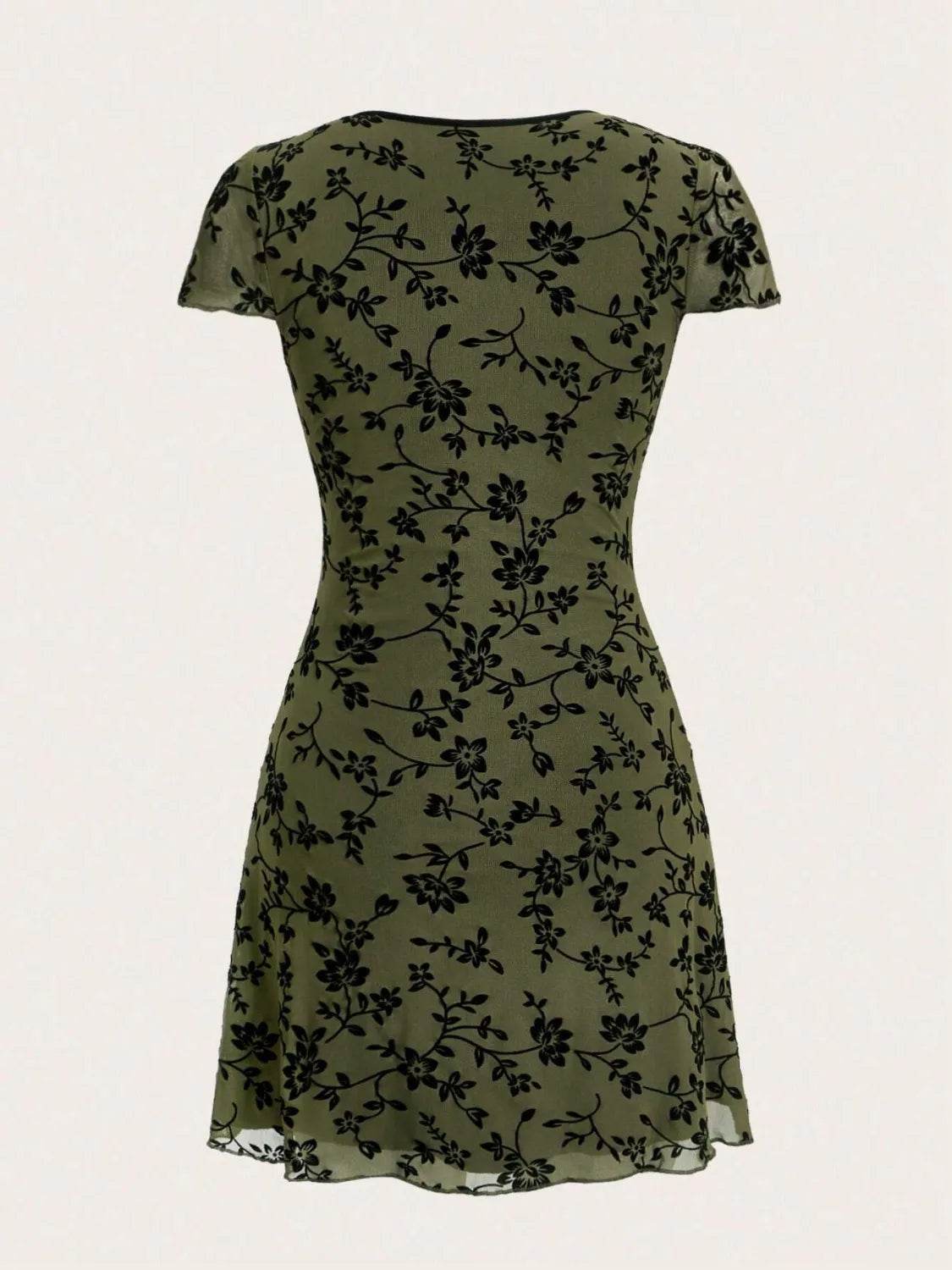 Printed V-Neck Short Sleeve Mini Dress - Cute Bow Detail Summer Dress - Fashions Envy