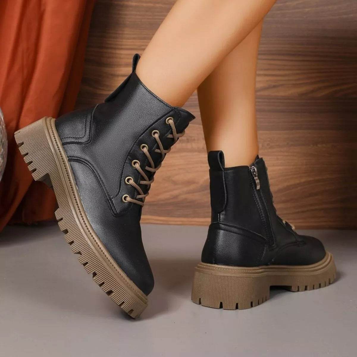 Lace Up Round Toe Boots - Mid Heel Ankle Boots - Fashions Envy