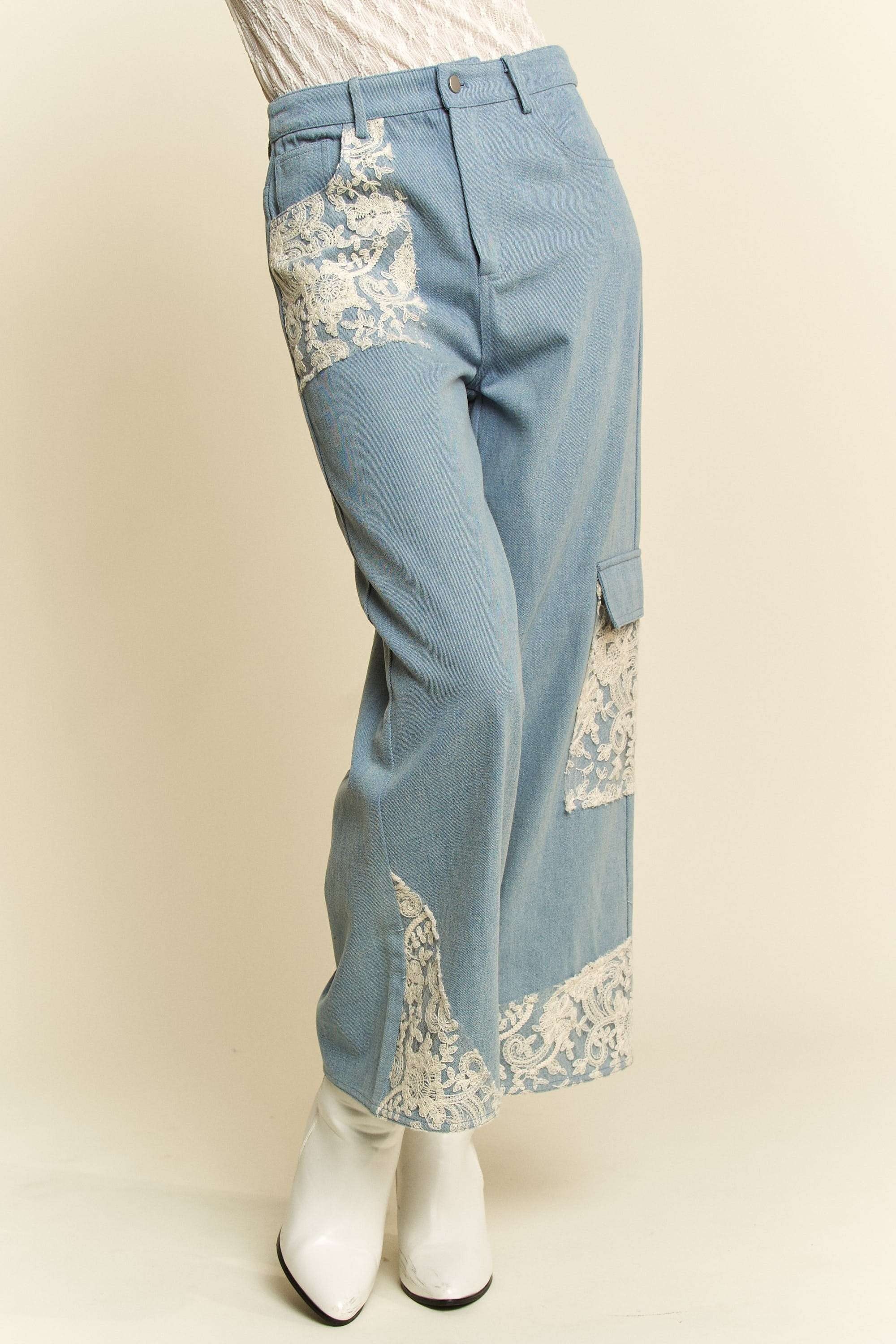 Light Denim Lace Applique Wide Leg Jeans