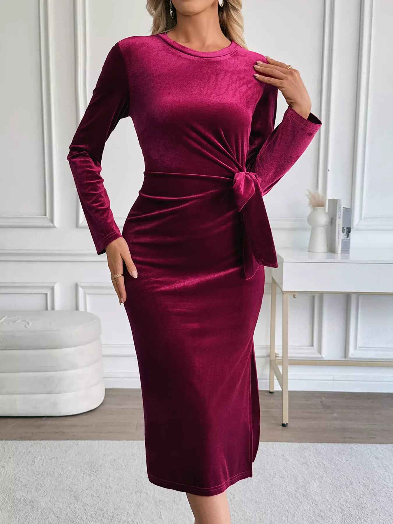 Velvet Midi Party Dress - Chic Side-Tie Style - Fashions Envy
