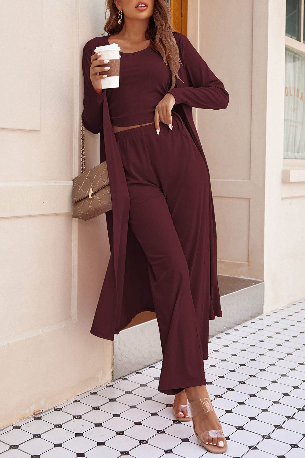 Drawstring Tank - Long Sleeve Cover Up and Pants Set - Fashions Envy