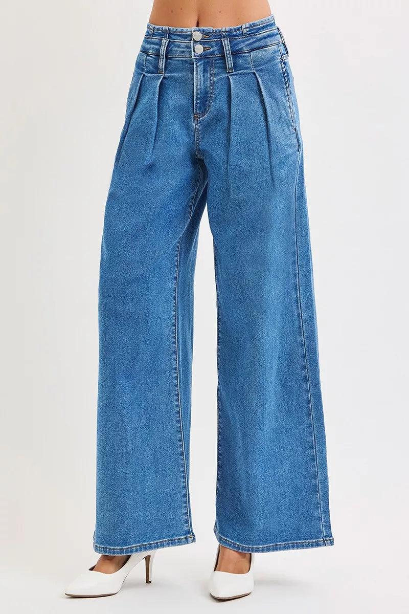 RISEN Wide Leg Jeans - Mid Rise Pleated Detail - Fashions Envy