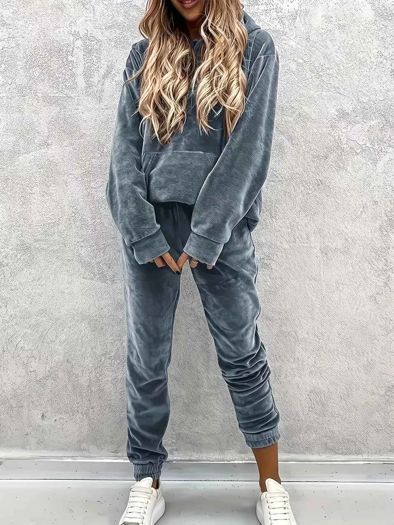 Velvet Long Sleeve Hoodie and Pants Set
