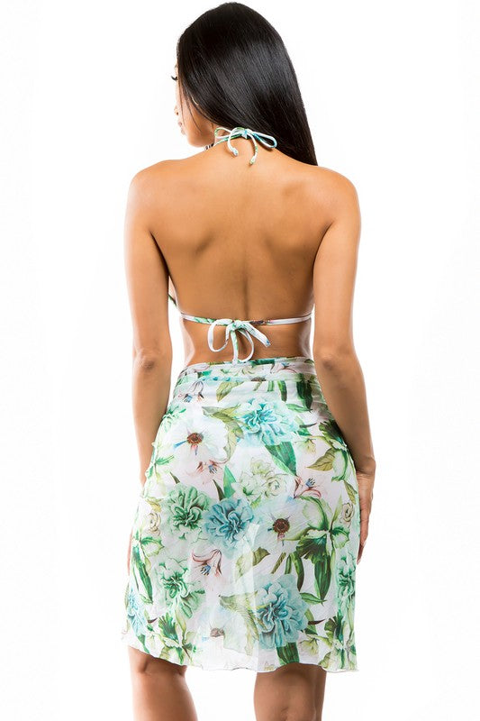 Fun Colorful Floral Print Three-piece Bikini Set