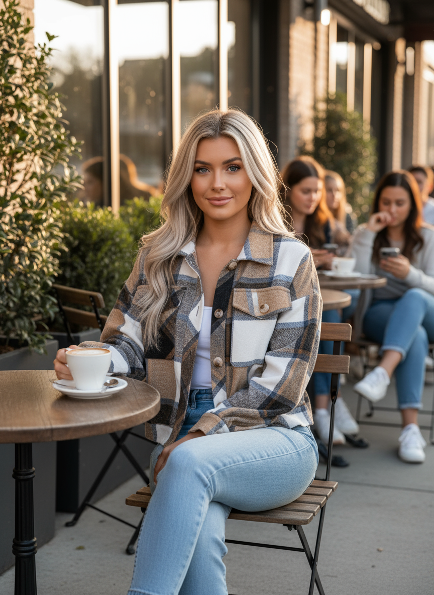 Camel plaid jacket - front view