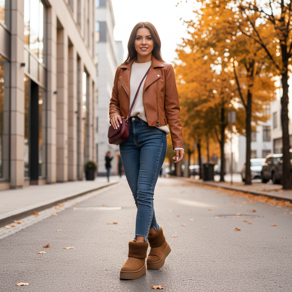 Camel round toe platform boots autumn street lifestyle