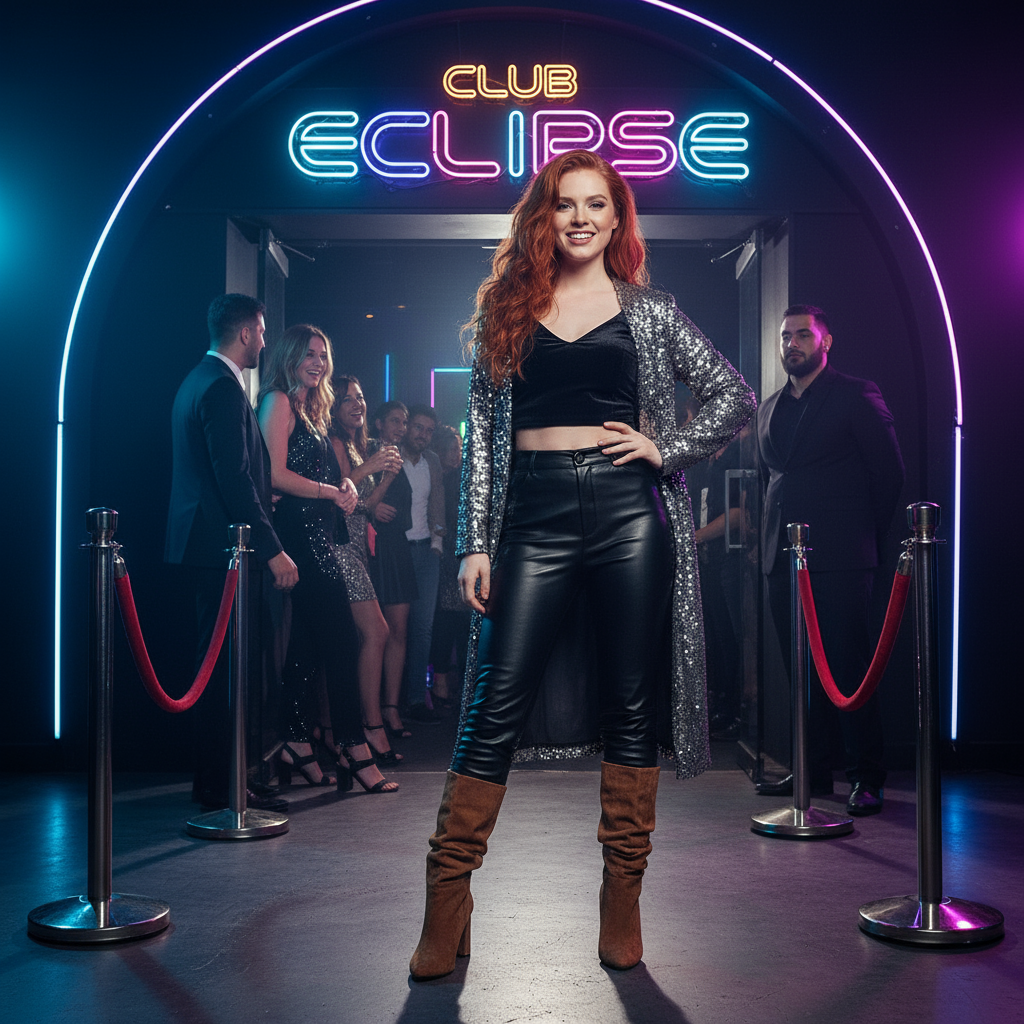 Camel slouchy boots - redhead at nightclub entrance