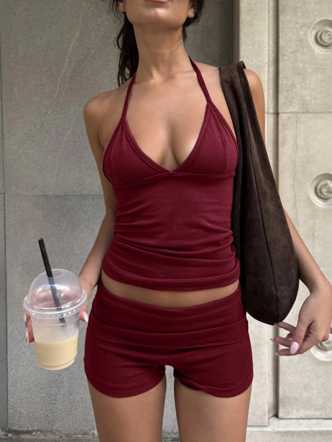 Burgundy Cami and Shorts Set featuring a halter top and fitted shorts for a trendy summer look