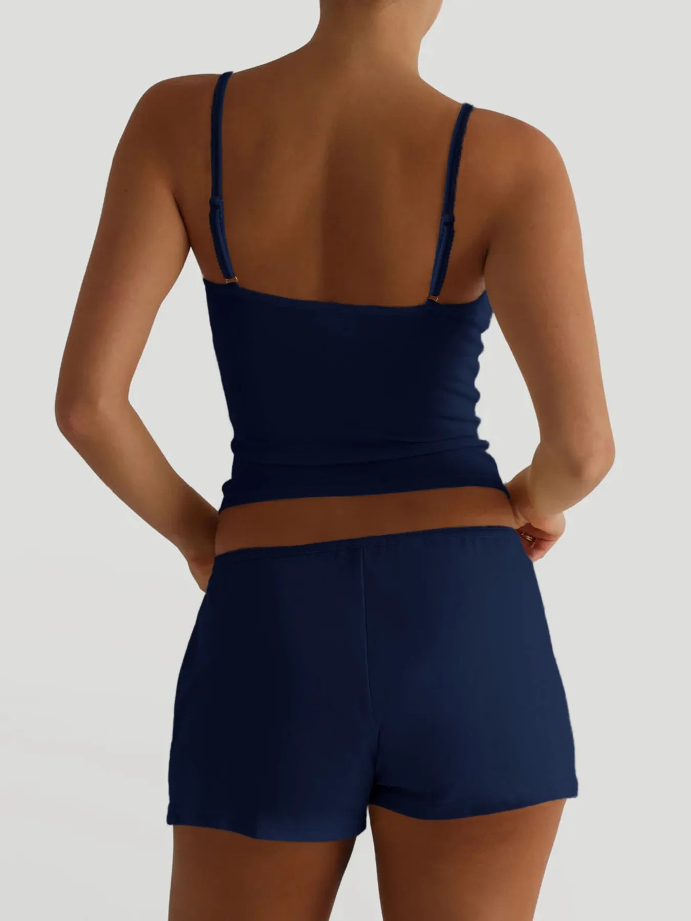 Trendsi Cami and Shorts Set in navy blue, featuring a fitted tank top and stylish shorts