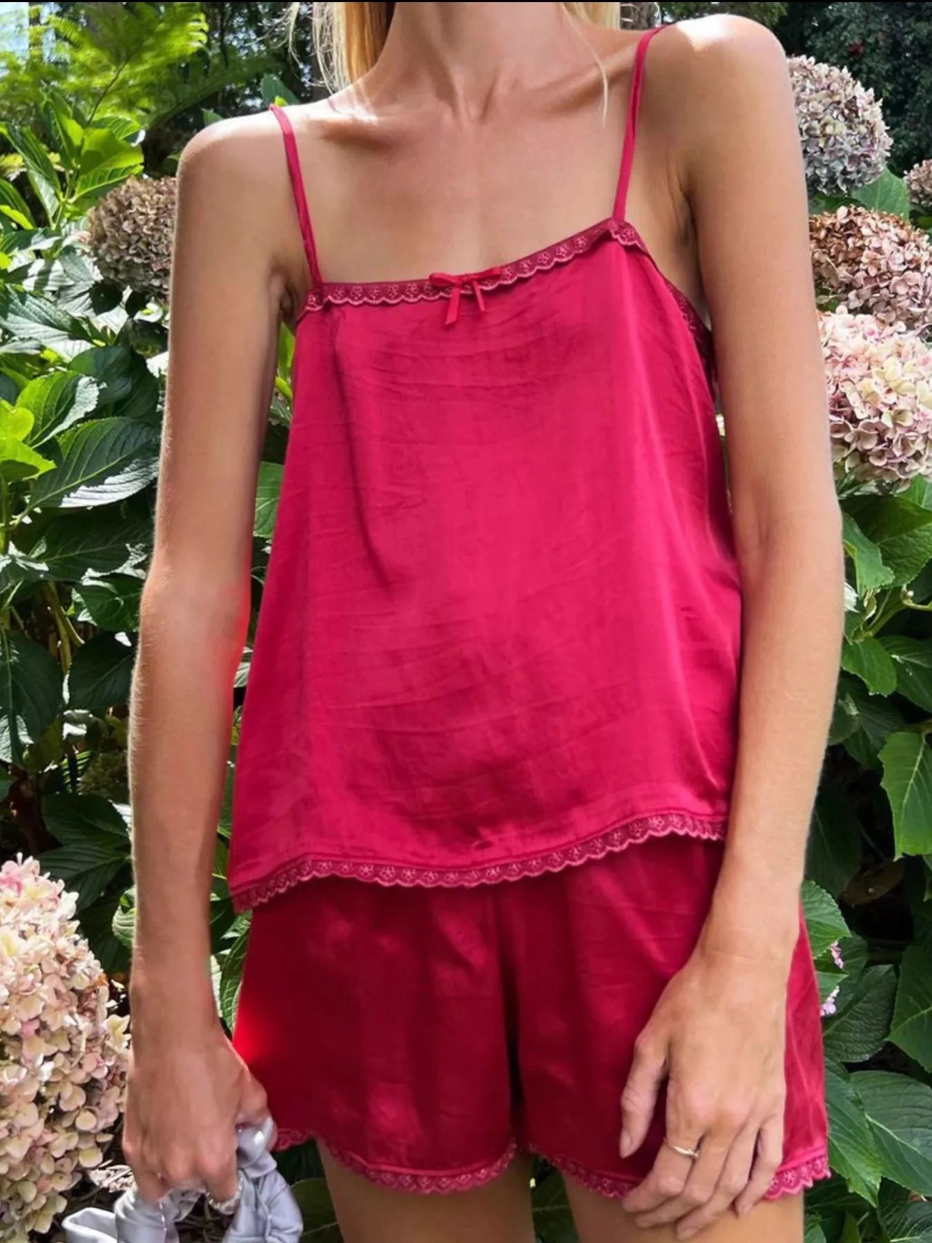 Trendsi Cami and Shorts Set in burgundy with lace trim, perfect for summer lounging