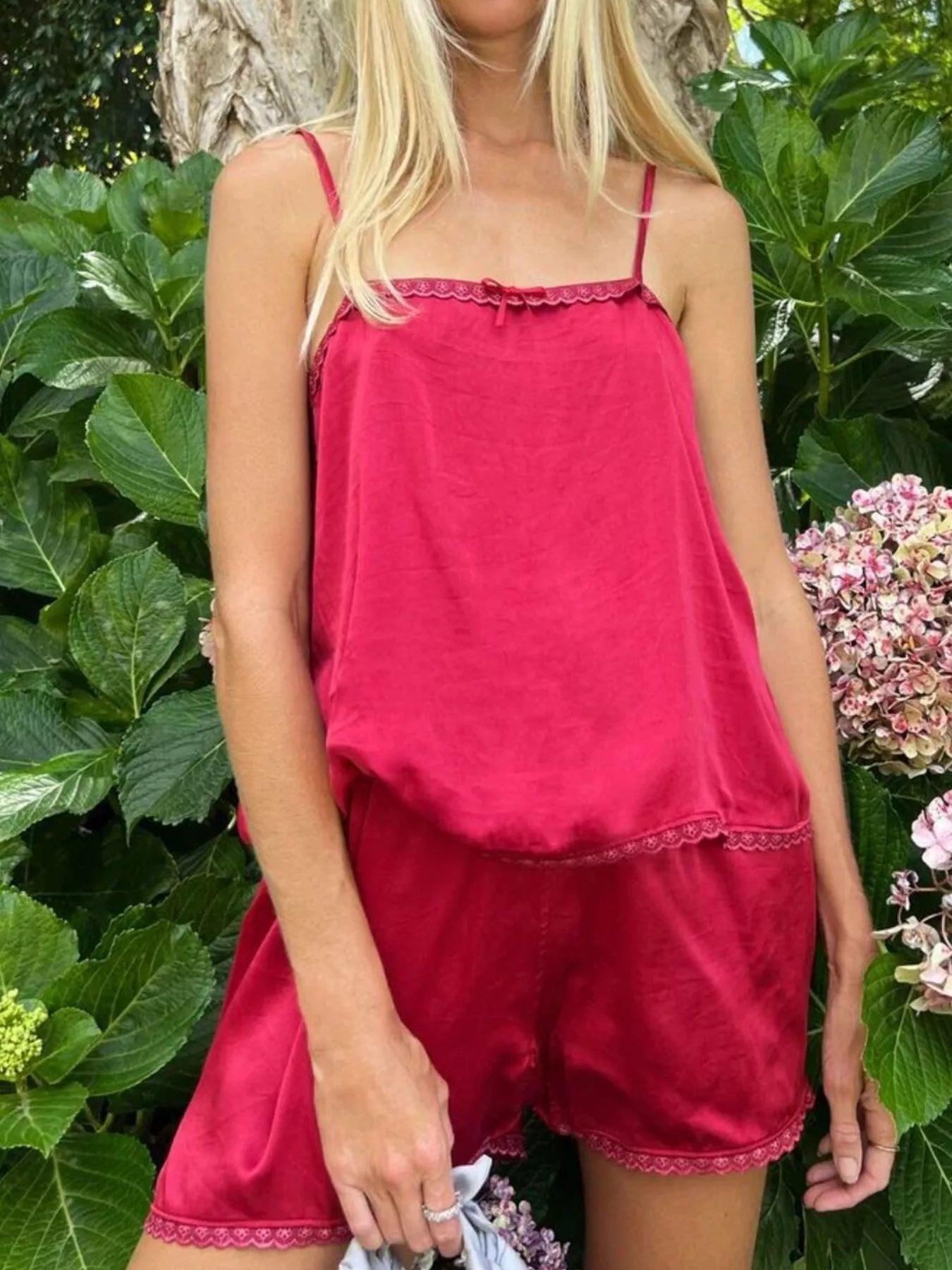 Trendsi Cami and Shorts Set in vibrant red with delicate lace trim, perfect for summer lounging