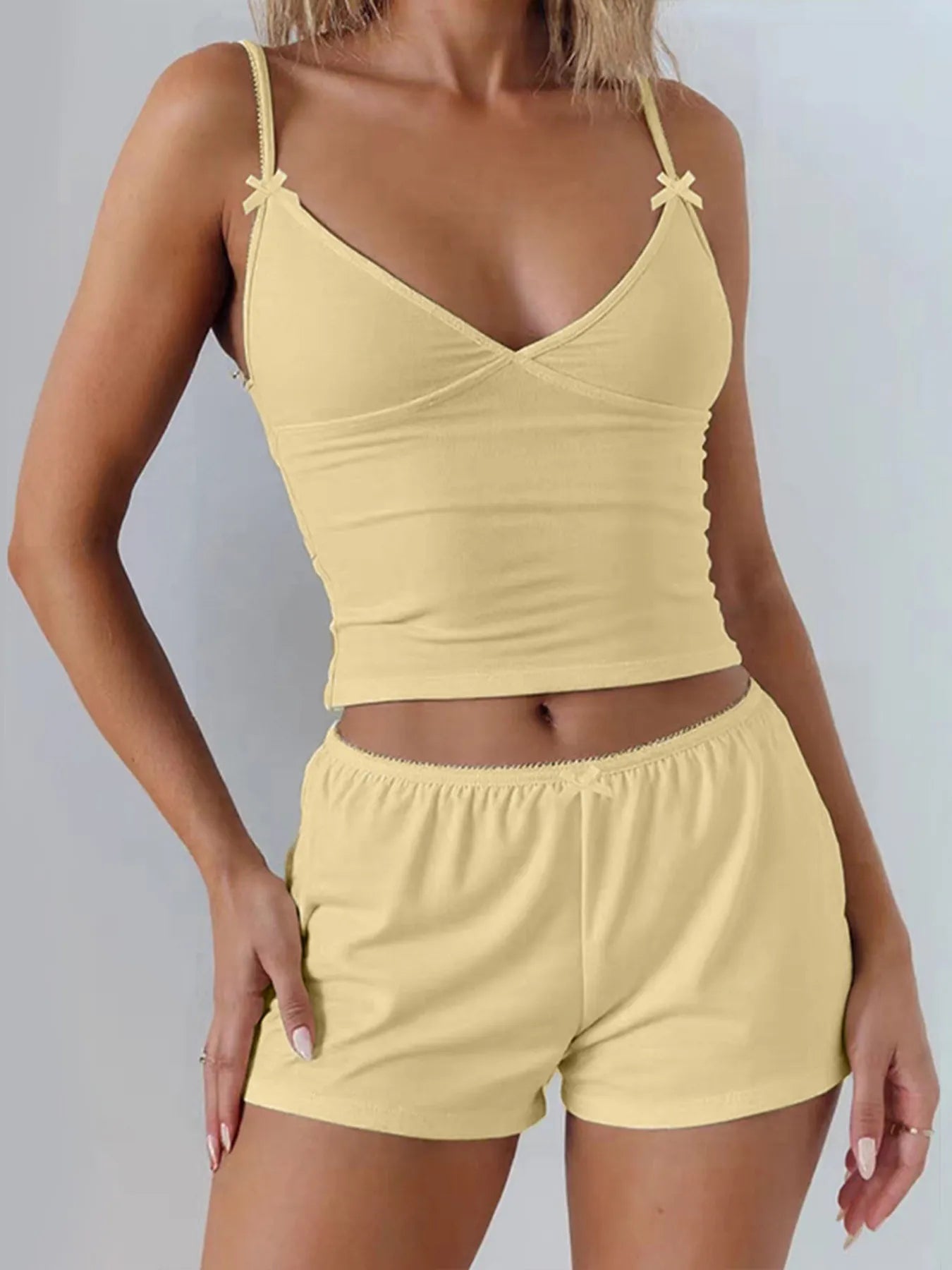Trendsi Cami and Shorts Set in soft yellow for a stylish and comfortable spring outfit