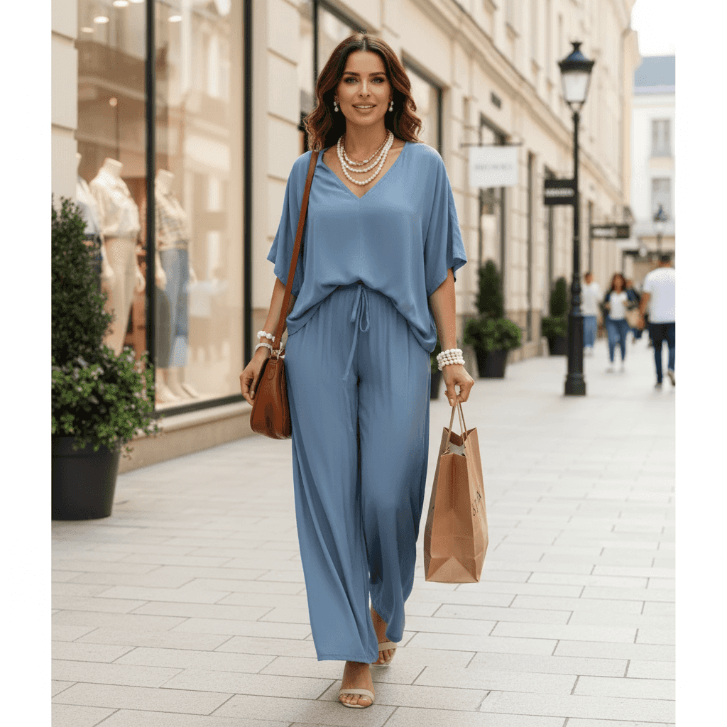 Two-Piece Lounge Set - V-Neck Top & Wide Leg Pants - Fashions Envy