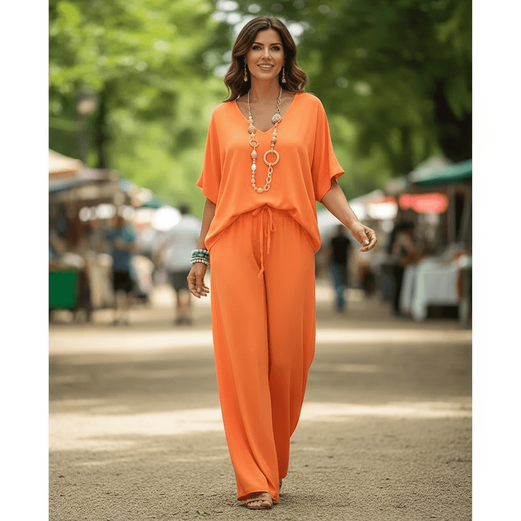 Two-Piece Lounge Set - V-Neck Top & Wide Leg Pants - Fashions Envy