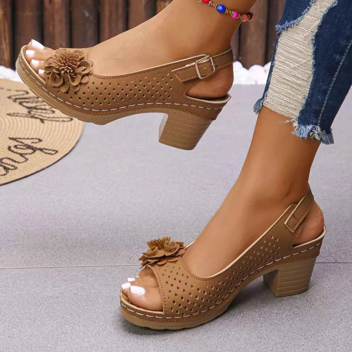 Floral Accent Block Heel Sandals