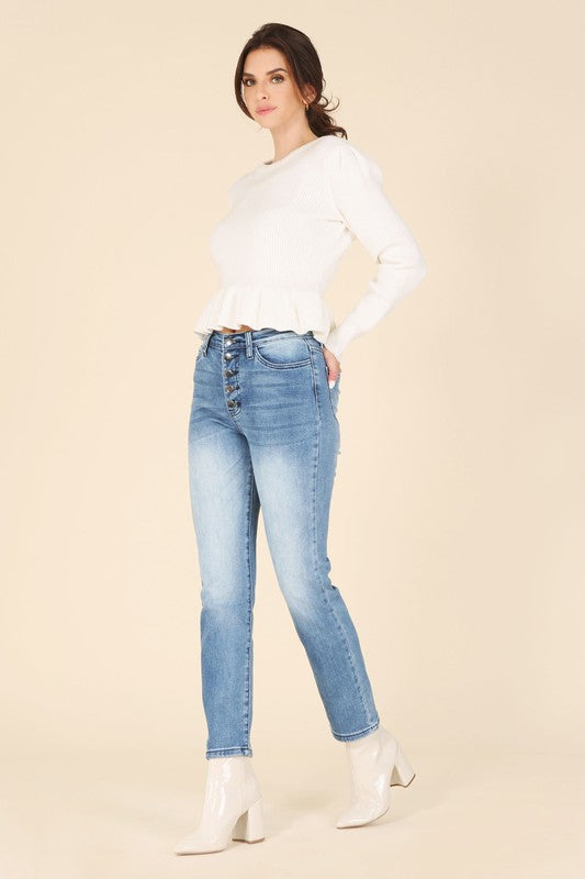 Peplum Round Neck Puff Sleeve Sweater