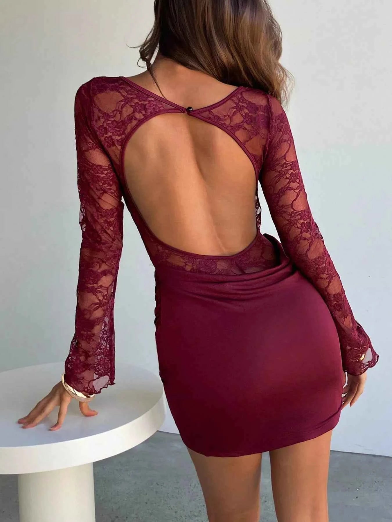 Lace Sheer Cutout Back Long Sleeve Ruched Dress