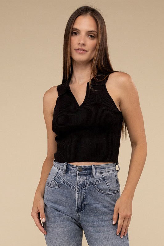 Sleeveless Collared Cropped Hem Knit Fitted Sleeveless Top
