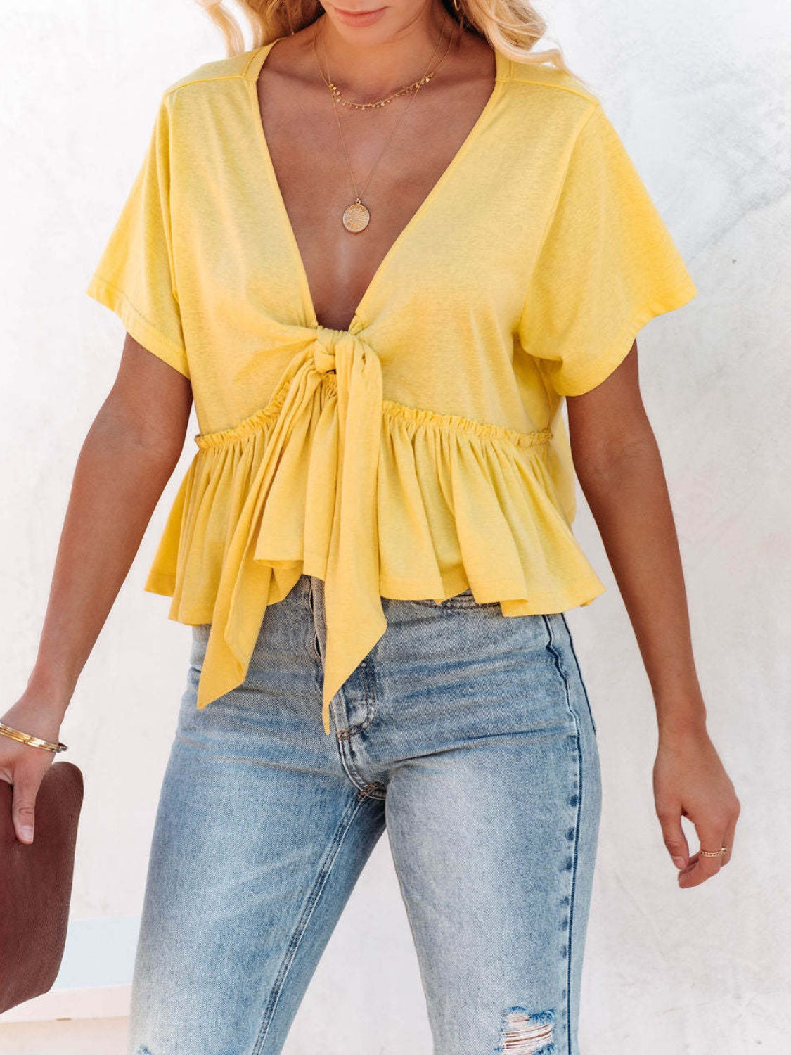 Tied Plunge V-neck Short Sleeve Blouse