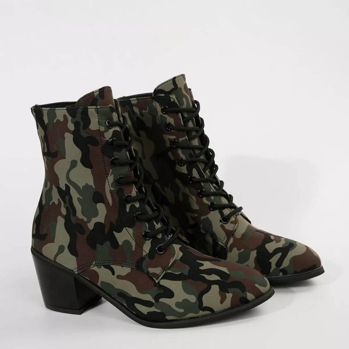 Green Camo Lace Up Block Heels Boots - Mid Heel Combat Boots - Fashions Envy
