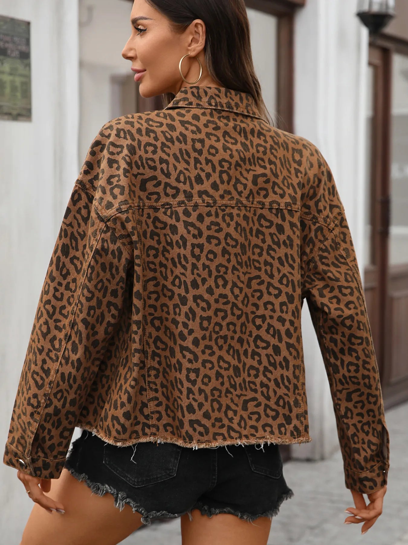Leopard Print Denim Jacket - Raw Hem Statement Outerwear - Fashions Envy