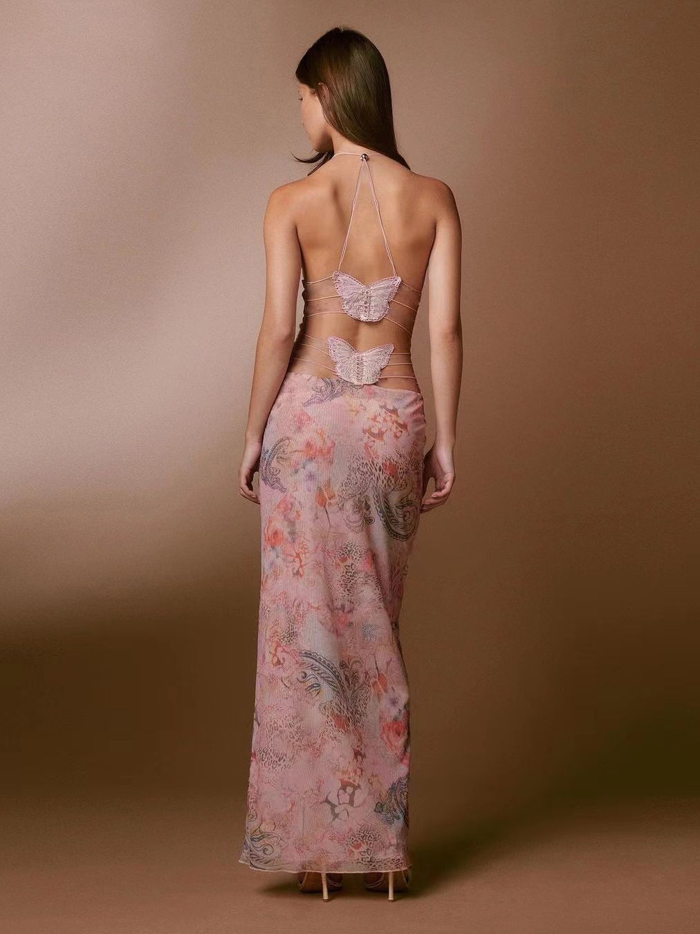Floral Halter Dress - Spaghetti Strap Butterfly Back Summer