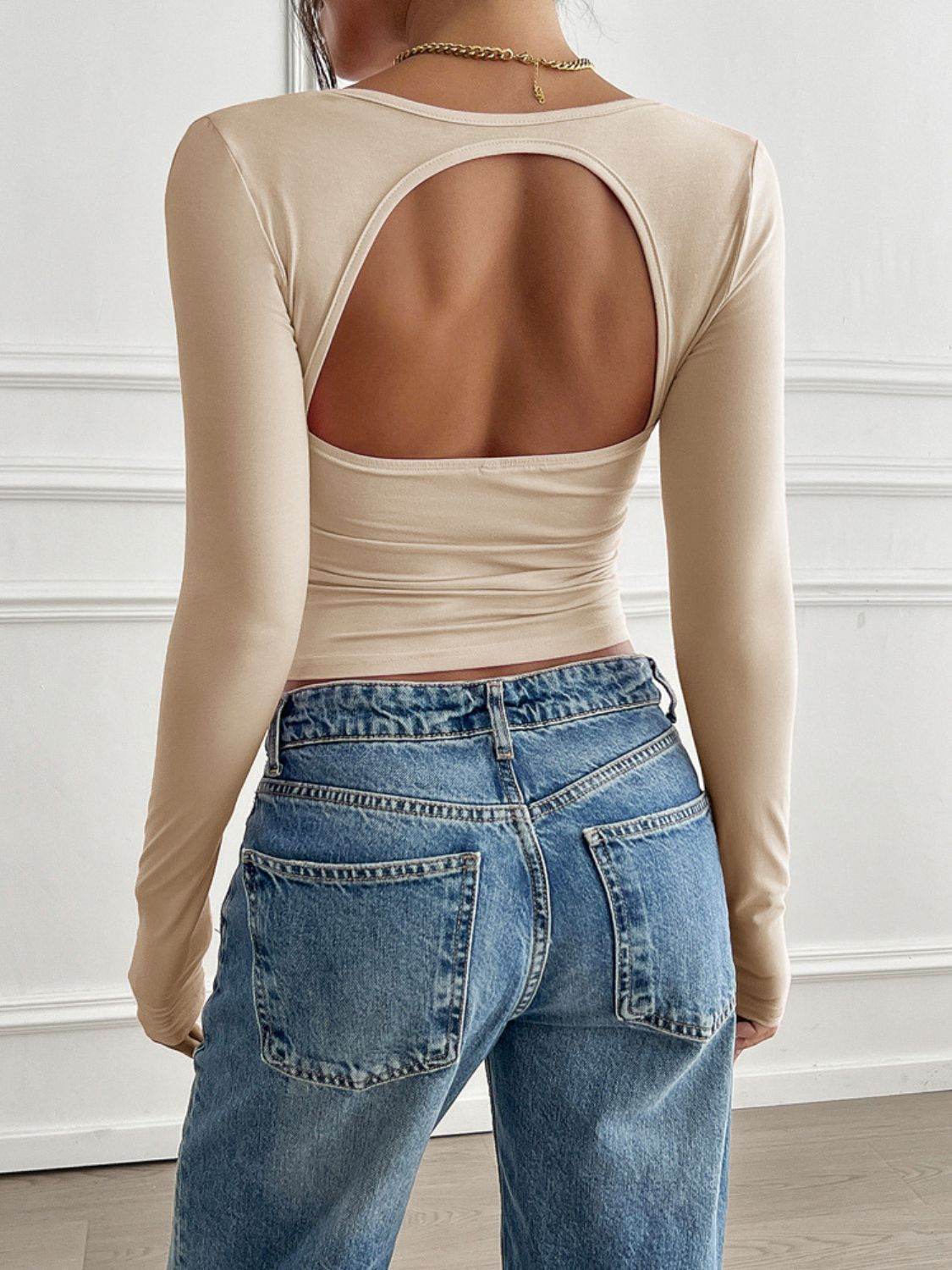 Devine Cutout Square Neck Long Sleeve T-Shirt - Fashions Envy