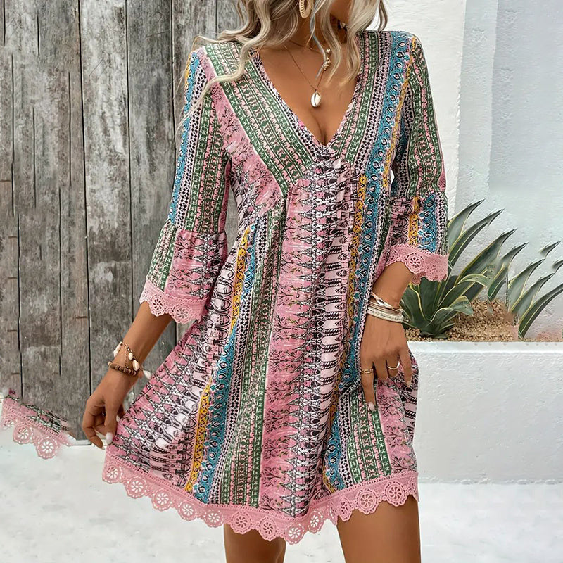 Boho V-Neck Sundress - Lace Trim Print Dress