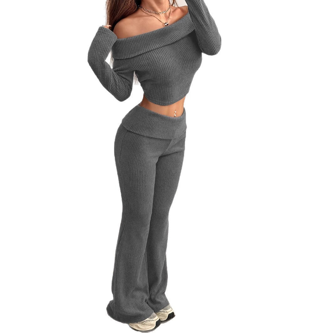 Gray Lounge Set - Off-Shoulder Top & Flared Pants