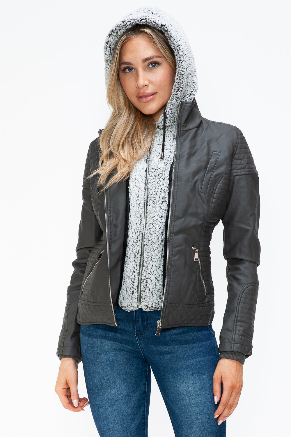 Charcoal Faux Layered Double-Zipper Jacket with Fuzzy Hood