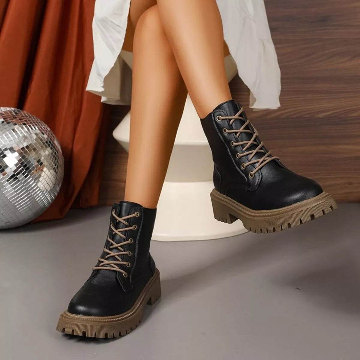 Lace Up Round Toe Boots - Mid Heel Ankle Boots - Fashions Envy