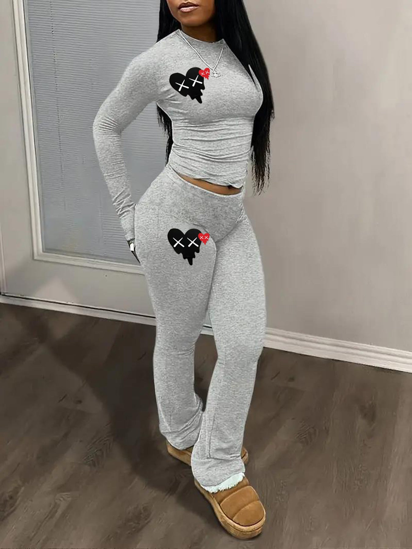 Heart Graphic Two-Piece Set - Matching Crop Top & Pants