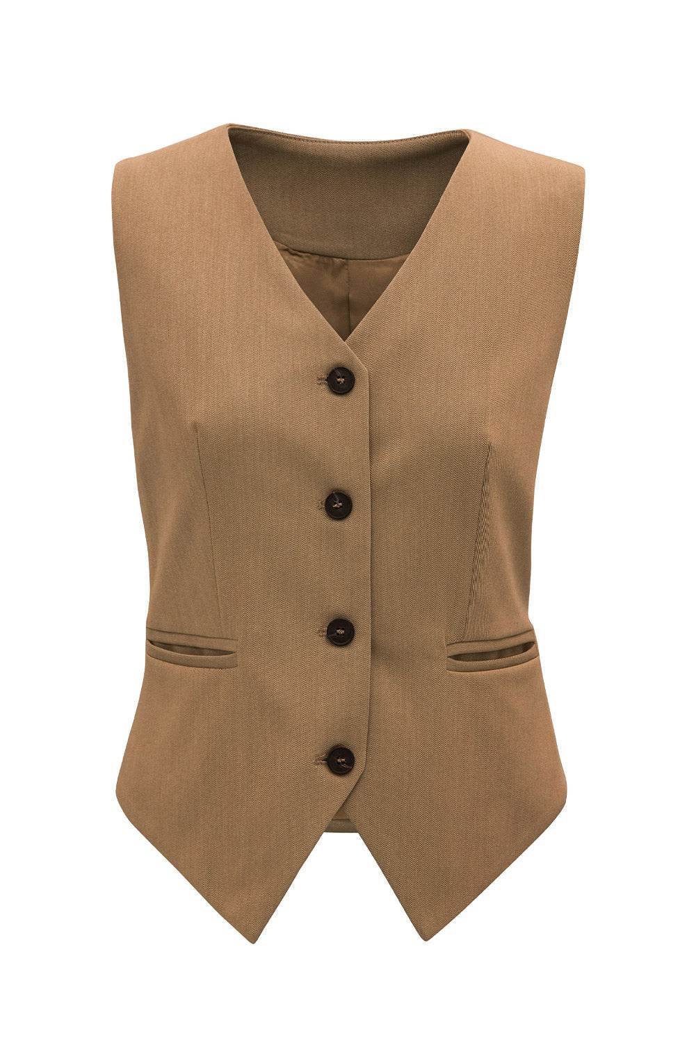 Pocketed Button Up Vest - Fashions Envy