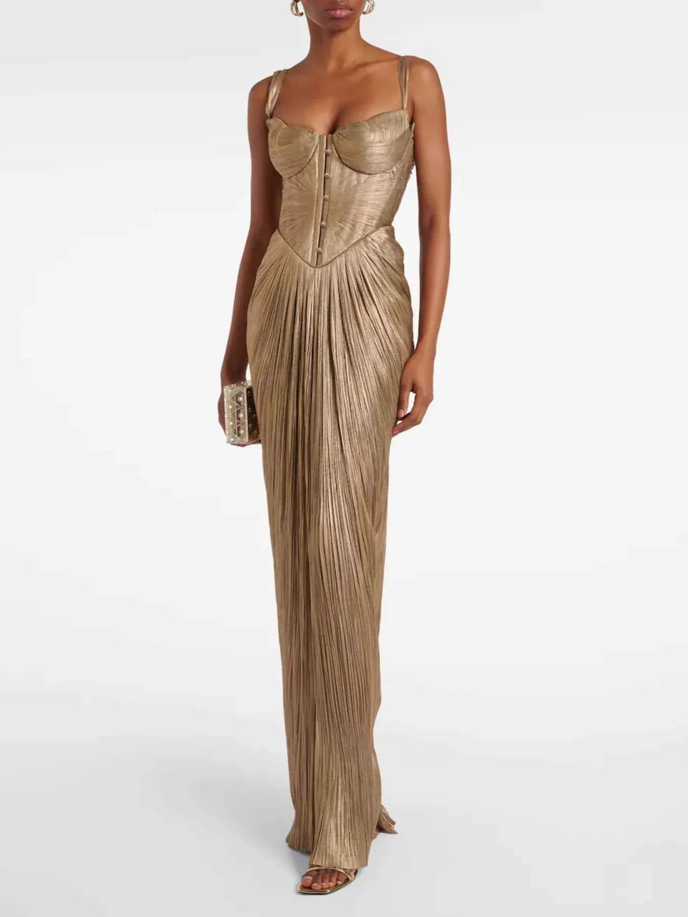 Pleated Corset Maxi Dress - Gold Metallic Gown