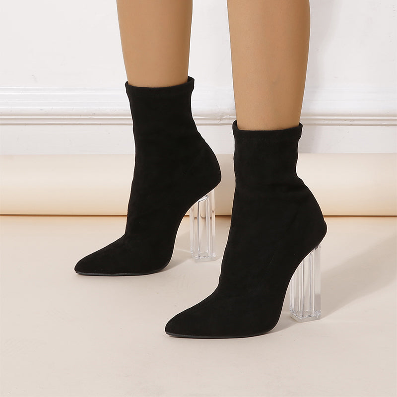 Crystal Heel Boots - Elastic Mid-Calf Party Style