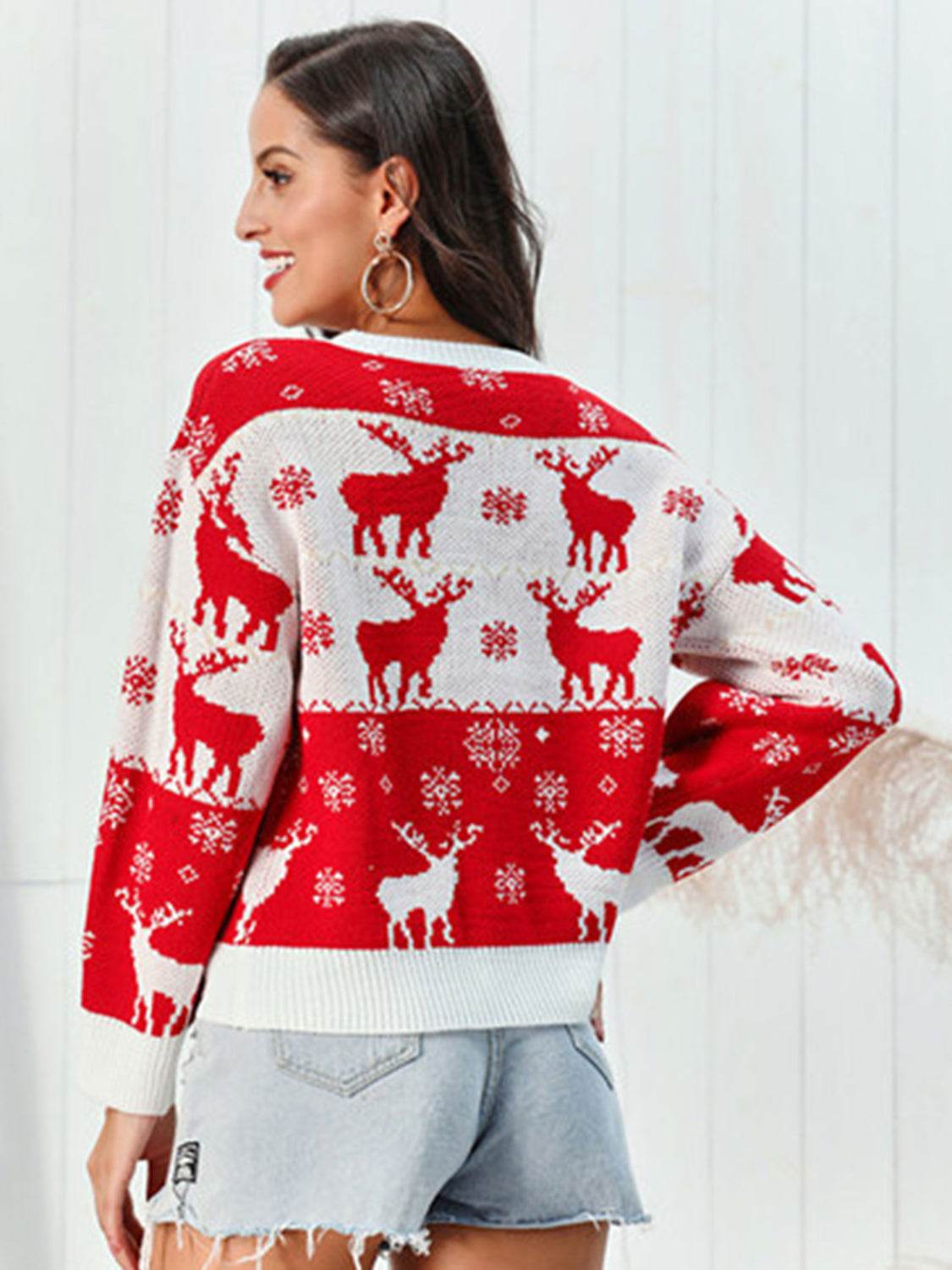 Reindeer Round Neck Sweater - Fashions Envy