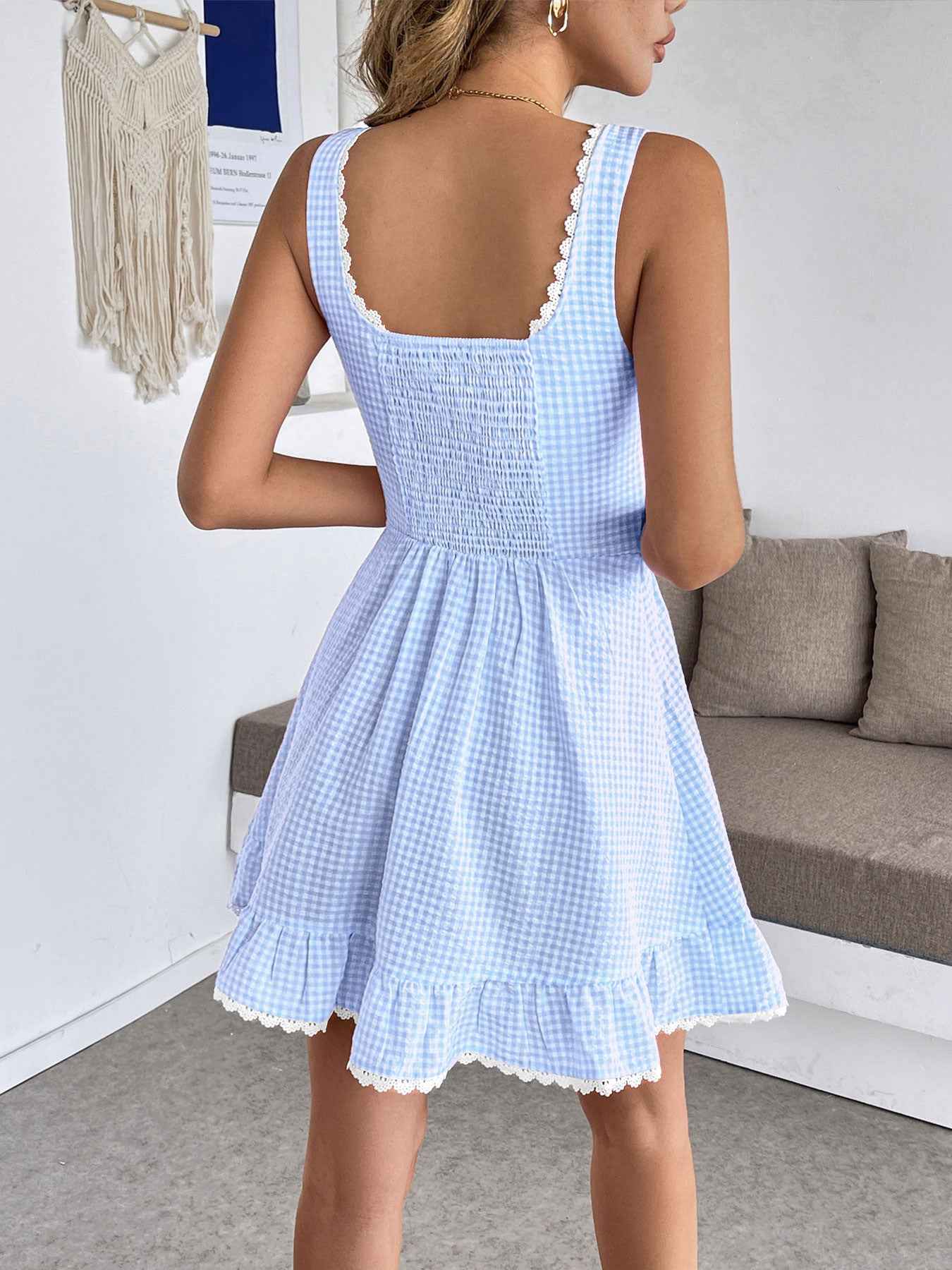 Gingham Lace Trim Mini Dress - Smocked Tie Strap